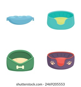 Collection of four cute, vectorillustrated pet bowls in various colors and styles