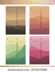 A collection of four daily planner covers featuring serene mountain landscapes in the background