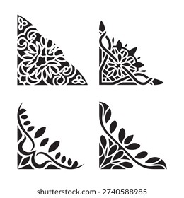 Collection of four decorative black corner elements with intricate floral and geometric patterns