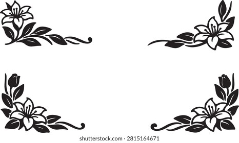Collection of four decorative lily flower corner embellishments with silhouette