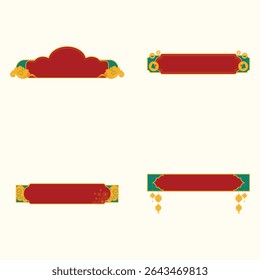 Collection of four decorative red banners with oriental designs, each banner featuring different elements like gold ornamentation, green accents, and varying patterns