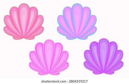 Collection of four decorative scallop sea shell vector illustrations in a vibrant pink,  purple, and cyan colors. Perfect for mermaid themed party decorations, summer graphics, beach apparel, stationery, sticker design