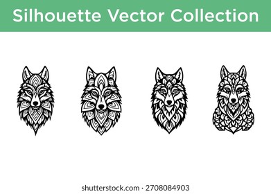 A collection of four decorative wolf head silhouettes with intricate patterns, perfect for various design projects.
