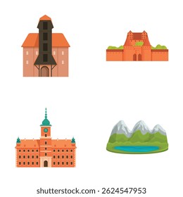 Collection of four detailed vector illustrations featuring different castles and a serene mountain landscape
