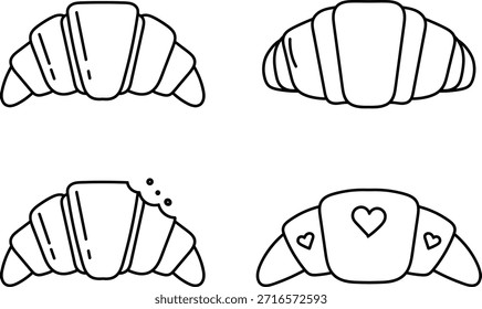 A collection of four different black and white outline drawings of croissants. Includes variations such as a whole croissant, one with a bite taken out, and one decorated with small hearts.