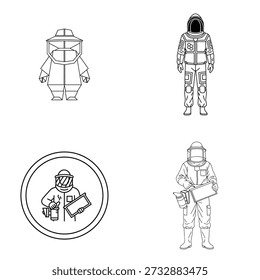 Coleção de quatro diferentes ilustrações vetoriais de arte em linha preta e branca de apicultores em fatos de proteção com ferramentas e beebox.