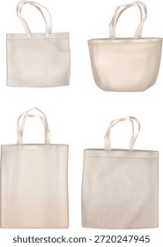 Collection of four different blank beige canvas tote bags or reusable shopping bags shown from various angles and shapes suggesting mockup templates for branding or design customization on an isolated white background.