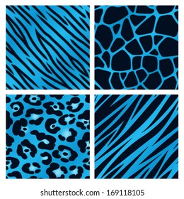 A collection of four different blue animal print backgrounds. Seamlessly repeatable. Eps 10 Vector.