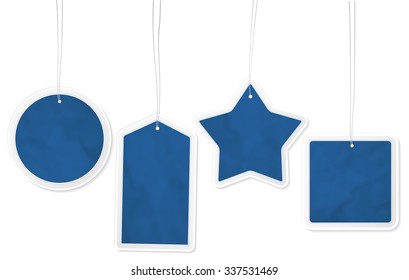 Collection of four different blue paper price tags with structure and place for your text - isolated on white background. Vector illustration.