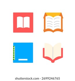 Una colección de cuatro íconos de libros diferentes en un estilo de diseño plano moderno que incluye libros abiertos, un libro de texto estilizado y un cuaderno cerrado en colores vibrantes como rojo, naranja y azul.