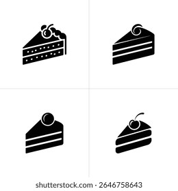 Collection of four different cake piece icons with cherry toppings in black silhouette isolated on a white background.