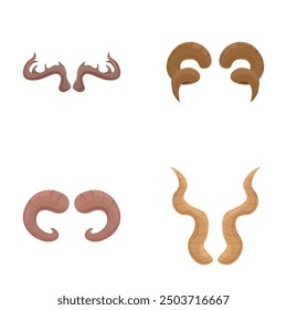 Collection of four different cartoon animal horns isolated on white