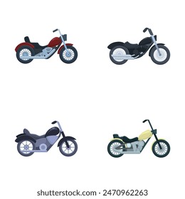 Collection of four different cartoon motorcycle illustrations isolated on a white background