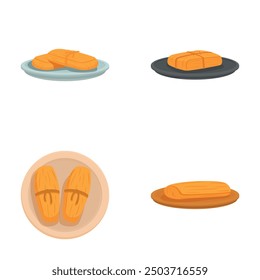 Collection of four different cartoonstyle bread loaf illustrations on various plates