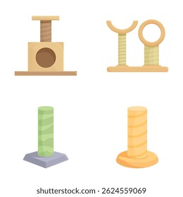 Collection of four different cartoonstyle cat scratching posts isolated on white background