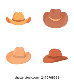 Collection of four different cartoonstyle cowboy hats, isolated on white background