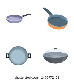 Collection of four different cartoonstyle kitchen pans isolated on a white background