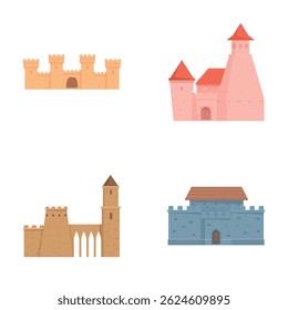 Collection of four different cartoonstyle medieval castles isolated on white background