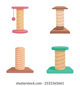 Collection of four different cat scratching posts in various colors on a white background
