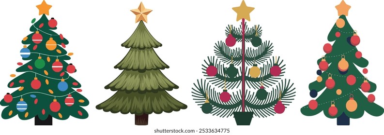 Collection of four different Christmas tree illustrations, for holiday designs, greeting cards, web icons.