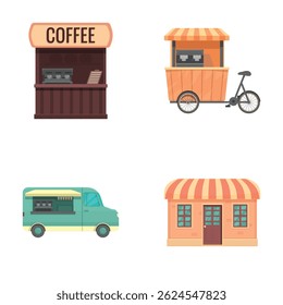 Coleção de quatro diferentes vetores de café, quiosque, carrinho de bicicleta, van e café