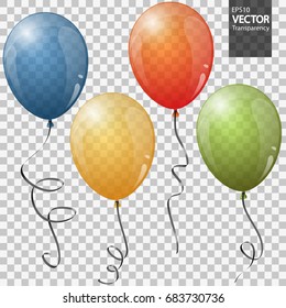collection of four different colored flying party balloons with transparency