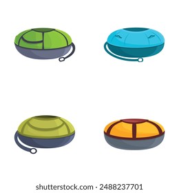 Collection of four different colorful and comfy cartoon dog beds, isolated on white background