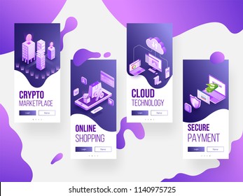 Collection of four different concept based splash screen mockups on purple abstract background.