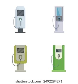 Colección de cuatro cargadores de coche eléctricos diferentes en un estilo de dibujos animados moderno sobre un fondo blanco