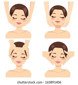 Collection of four different facial massage techniques on beautiful brunette young woman isolated on white background