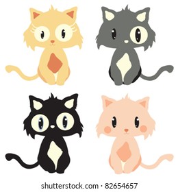 Collection of four different funny cats, modern flat design style, isolated on white background
