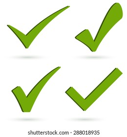 collection of four different green success check marks with shadow
