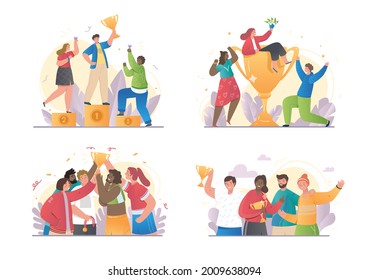 Collection of four different Happy Competition scenes with winners and trophies celebrating with diverse friends or team mates, set of isolated on white background colored vector illustrations svg