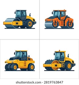 A collection of four different heavy duty road rollers and compactors used for construction and road building projects.