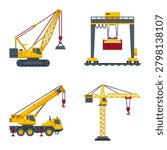 A collection of four different industrial cranes including tower crane mobile crane gantry crane and crawler crane for construction and logistics projects