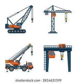 A collection of four different industrial lifting cranes including crawler crane, tower crane, mobile truck crane and gantry crane in a flat design style.