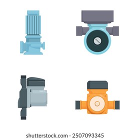 Collection of four different industrial pipe fittings icons in a flat design style, isolated on a white background