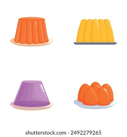 Collection of four different kinds of cartoonstyle jelly illustrations on plates