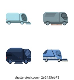 Collection of four different modern street cleaning vehicles on a white background