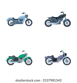 Collection of four different motorcycle illustrations, clear and simple design, isolated on a white backdrop