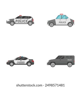 Collection of four different police car illustrations in a flat design style