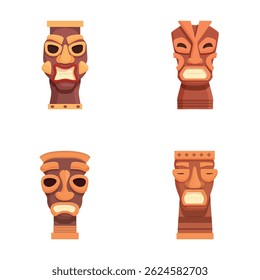 Collection of four different polynesian tiki masks, isolated on a white background, in a flat design style