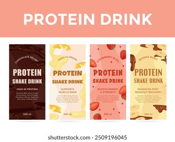 A collection of four different protein shake labels, each with its own unique flavor and nutritional benefits, perfect for fitness enthusiasts and health conscious individuals.