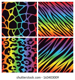 A collection of four different rainbow colored animal print backgrounds. Seamlessly repeatable. Eps 10 Vector.