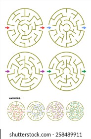 Collection of four different round maze templates for your designs and projects. Answers included.  