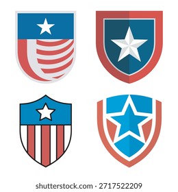 Eine Sammlung von vier verschiedenen Schilddesigns, die Sterne und Streifen in einem patriotischen Farbschema enthalten