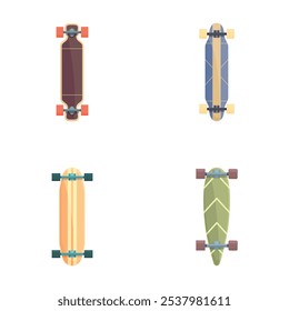 Collection of four different skateboard designs depicted from a topdown view, isolated on white