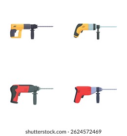 Colección de cuatro taladros eléctricos de estilo diferente aislados sobre fondo blanco