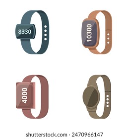 Collection of four different styled fitness trackers with step counter display