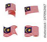 Collection of four different styled malaysian flags fluttering, isolated on white